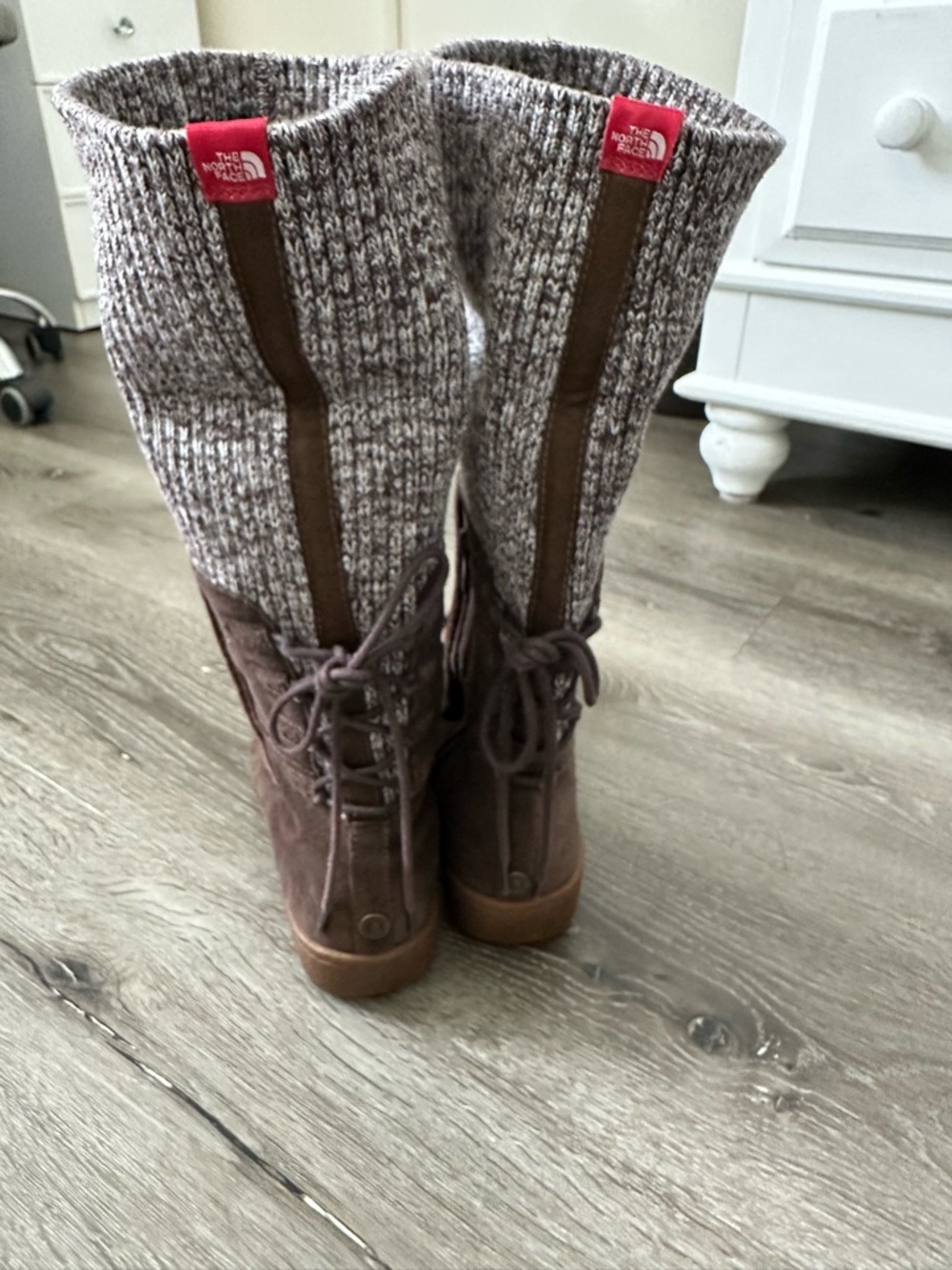 The North Face Brown Suede Winter Boots with Gray Knit Cuffs - Picture 7 of 9